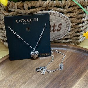 COACH Silver Heart Locket Necklace with Filigree Details